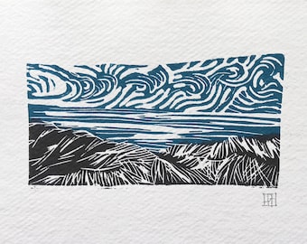 Original linocut art print, Seascape