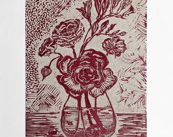 Original linocut art print, Flowers in vase