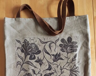 Blockprinted tote bag, Handprinted and handsewn large canvas tote bag