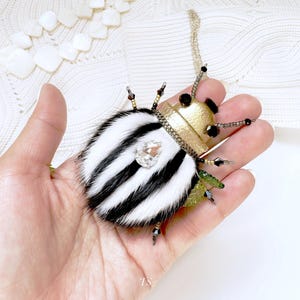 Striped Fur Bug Brooch: Beaded Beetle Jewelry