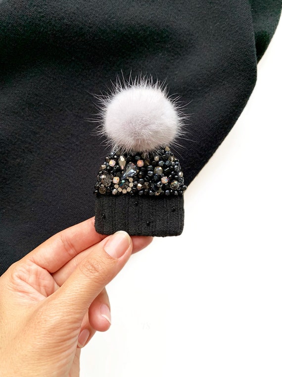 Handmade Beaded Black Hat Brooch Pin With Pom Pom Etsy