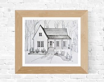 Custom House Portrait, Black & White Ink Home drawing, Housewarming gift, Realtor gift, Anniversary gift