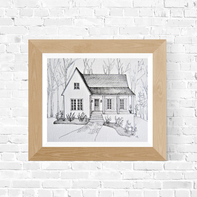 Custom House Portrait, Black & White Ink Home drawing, Housewarming gift, Realtor gift, Anniversary gift image 1