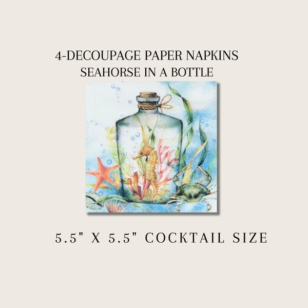 4-Seahorse in a bottle Paper Napkins for Decoupage| Watercolor Seahorse Napkins for Collage Paper Art| Scrapbooking Ephemera| Paper Art