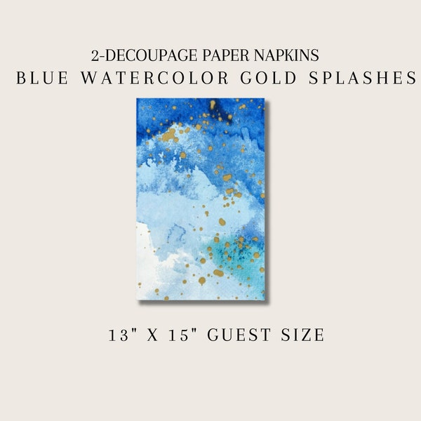 2-Paper Napkins for Decoupage| Blue Watercolor with Splashes Of Gold Decoupage Napkins| Collage Paper Art| Scrapbooking Ephemera, Paper Art.