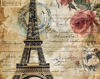 Eiffel Tower Rice Paper: Vintage Paris Collage, Botanical A4 Sheet