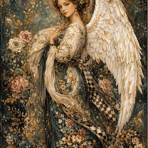 May include: A digital illustration of an angel with large white and gold wings, wearing a flowing gown adorned with floral patterns and a checkered sash. The figure features a golden halo, intricate hair accessories, and is surrounded by gold foliage.