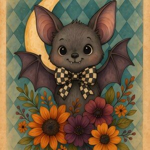 May include: A whimsical illustration of a gray bat with a checkered bow tie, surrounded by sunflowers and purple flowers. A yellow crescent moon is in the background against a teal diamond pattern. The artwork has a vintage, storybook feel.