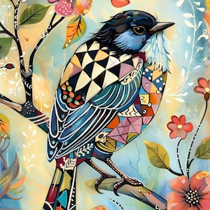 May include: A colorful illustration of a bird perched on a branch, featuring a black head and a body covered in geometric patterns of triangles and circles in shades of blue, orange, pink, and white, surrounded by stylized flowers and leaves.