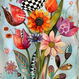 May include: A vibrant digital illustration of a bouquet featuring diverse flowers with varied patterns, including a black and white checkered tulip, an orange sunflower, and pink daisies, set against a light blue background with scattered dots.