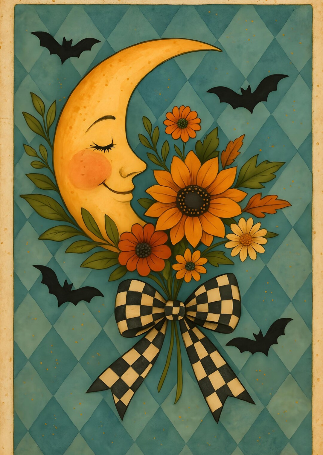 Halloween Moon Bouquet Rice Paper: Teal Harlequin Decoupage Sheet (A4 ...