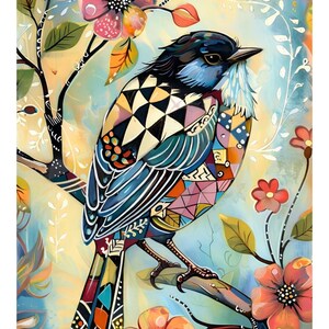 May include: A colorful illustration of a bird perched on a branch surrounded by flowers. The bird features intricate geometric patterns in black, white, blue, and orange. The background is a soft blend of light blue, yellow, and green tones.