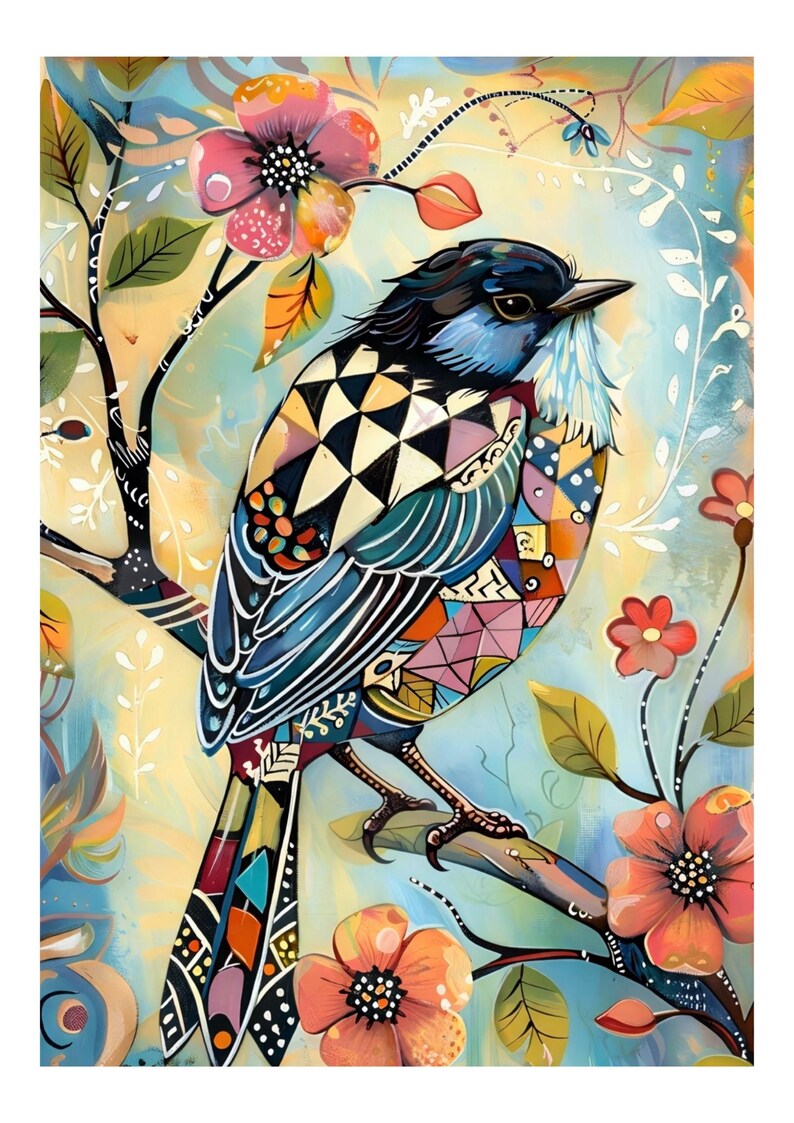 May include: A colorful illustration of a bird perched on a branch surrounded by flowers. The bird features intricate geometric patterns in black, white, blue, and orange. The background is a soft blend of light blue, yellow, and green tones.