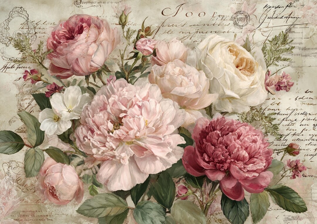 Peony Rice Paper A3 Peony Garden Rice Paper for Decoupage, Floral Blush Peonies French ...
