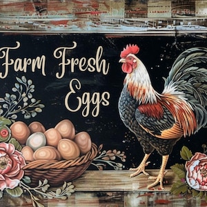 May include: A rustic-style sign with the words "Farm Fresh Eggs" in elegant script. A colorful rooster stands beside a basket of eggs, with floral accents. The artwork has a vintage, farmhouse aesthetic.