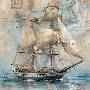 May include: An antique-style illustration of a tall sailing ship on a map background. The ship has white sails and a blue and white hull, sailing on blue water. The background features a vintage map with faded colors and a postage stamp.