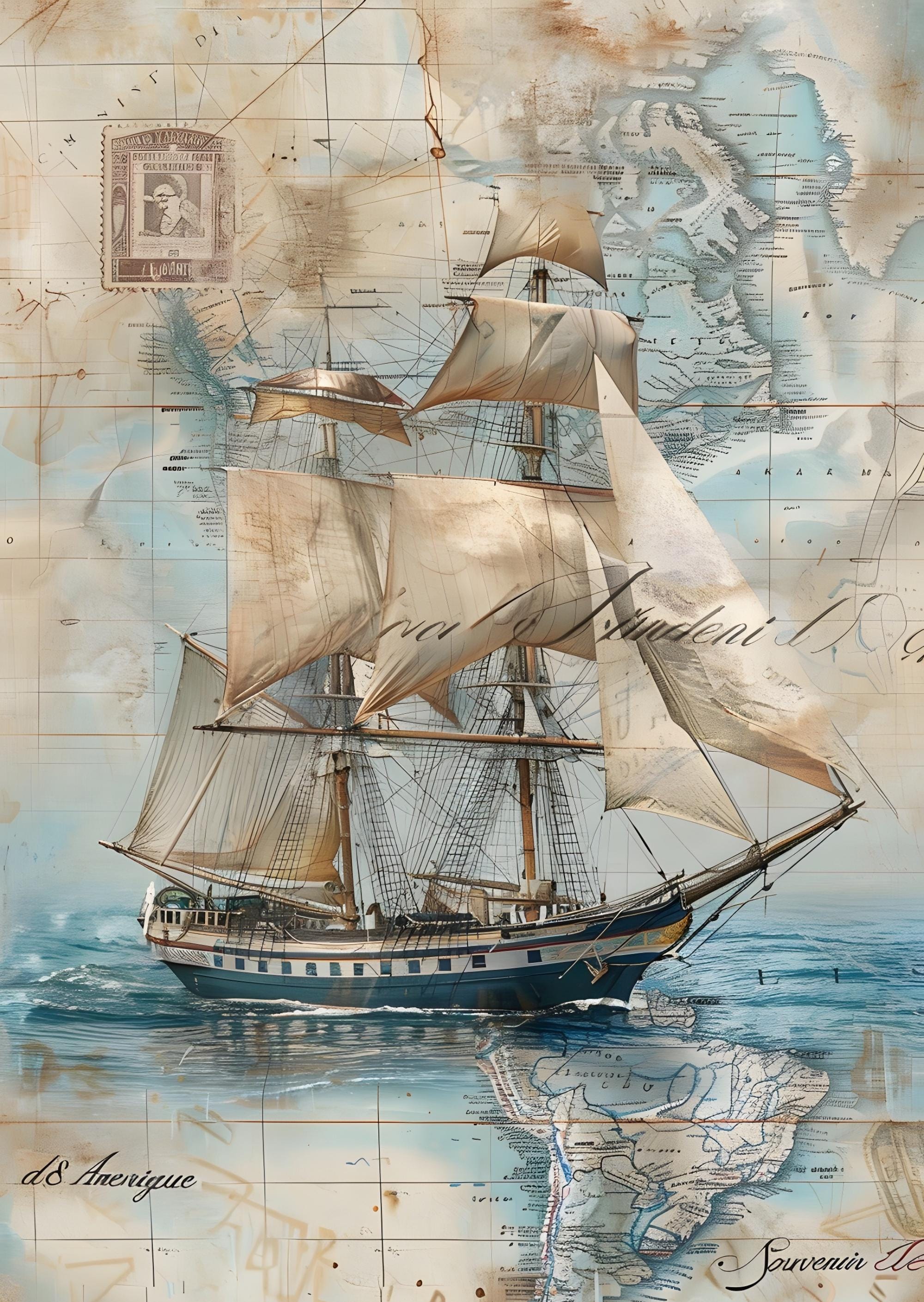 Vintage Ship Map Rice Paper: Nautical Decoupage Collage Sheet
