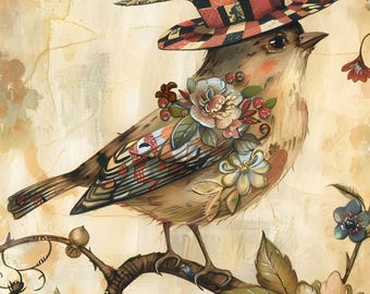 Whimsical Fall Bird Rice Paper: Vintage Ephemera for Decoupage A4