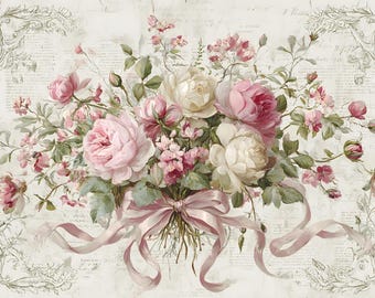 Papel de arroz con estampado de ramo de peonías, escritura francesa floral vintage, hoja A3 para decoupage.