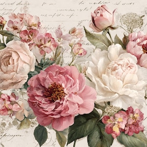 May include: A floral arrangement featuring large pink and white peonies, soft blush roses, and green leaves set against a background of faded, handwritten cursive script and faint musical notation, creating a layered, textured visual composition.