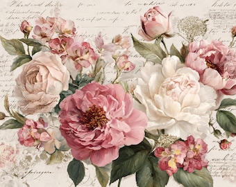 Pink Roses Peonies Rice Paper Vintage Botanical Decoupage A3 Sheet