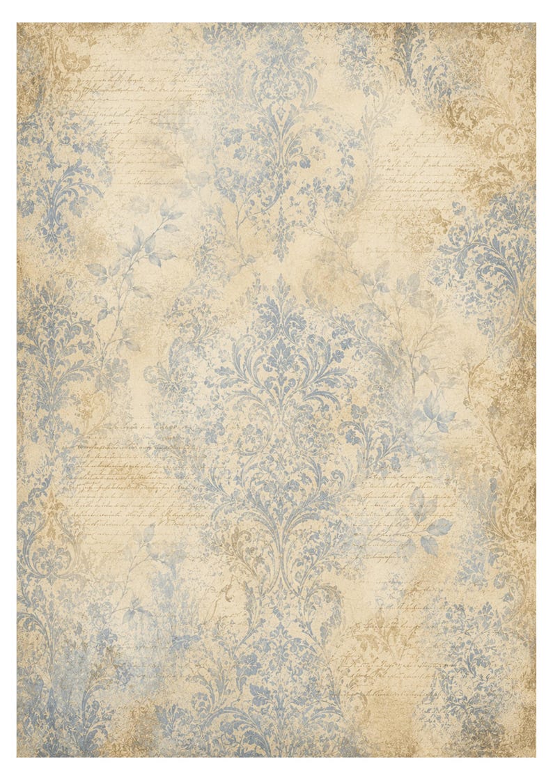 May include: A rectangular sheet of paper featuring a faded beige background with a repeating blue damask pattern, overlaid with faint, cursive handwritten script and subtle botanical leaf illustrations in a distressed, aged aesthetic.