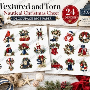 May include: Two A4 sheets of decoupage rice paper featuring 24 nautical Christmas designs. The prints include illustrations of a red cardinal, a snowman, a lifebuoy, a red truck, a lobster, a wreath, a sailboat, and a reindeer, all with festive accents.
