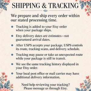 May include: An informational card with a cream-colored background and floral borders in pink and blue. The text reads SHIPPING & TRACKING, followed by details about order processing, tracking updates, delivery estimates, and contact instructions.