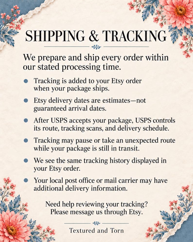 May include: An informational card with a cream-colored background and floral borders in pink and blue. The text reads SHIPPING & TRACKING, followed by details about order processing, tracking updates, delivery estimates, and contact instructions.