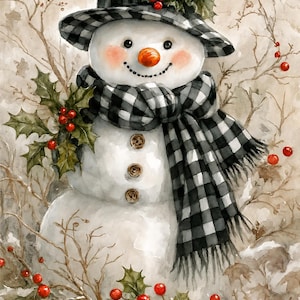 May include: A watercolor illustration of a snowman wearing a black and white buffalo check hat and scarf. The snowman has an orange carrot nose, three brown buttons, and rosy cheeks. It is surrounded by green holly leaves and red berries.