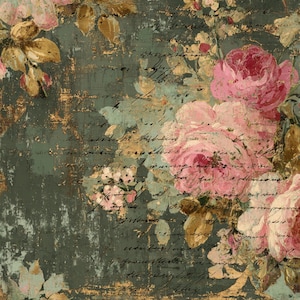 May include: A decorative surface pattern featuring clusters of pink roses and small yellow flowers set against a dark teal background with distressed gold accents and layers of faded, illegible cursive script text overlaid throughout.