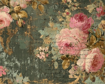 Gran ramo de rosas vintage con escritura francesa verde desgastada, hoja de decoupage floral shabby chic tamaño A3