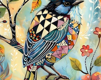 Decoupage Rice Paper: Mosaic Bird Floral Design - A4 Scrapbook Paper
