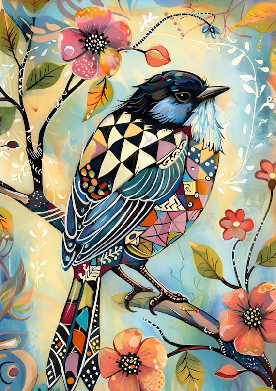 Decoupage Rice Paper: Mosaic Bird Floral Design - A4 Scrapbook Paper