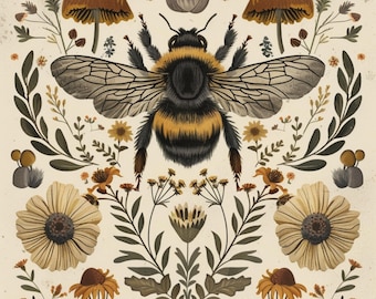Bumblebee Rice Paper for Decoupage, Botanical Mushroom Craft Sheet