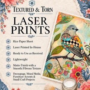 May include: A rice paper sheet with the text Textured & Torn Laser Prints, featuring a colorful bird illustration with floral accents. The sheet has a matte finish, fibrous texture, and is displayed with a small jar of adhesive and a paintbrush.
