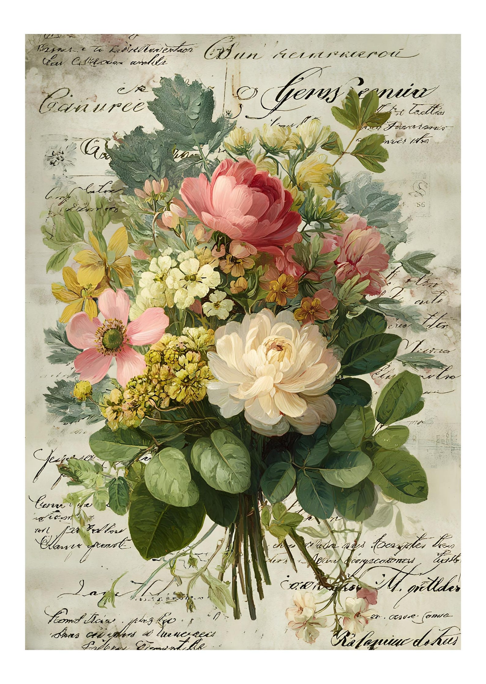 Vintage Floral Rice Paper for Decoupage: Botanical Script, A4 Collage ...