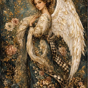May include: A digital illustration of an angel with large white and gold wings, wearing a flowing gown adorned with floral patterns and a checkered sash. The figure features a golden halo, intricate hair accessories, and is surrounded by gold foliage.
