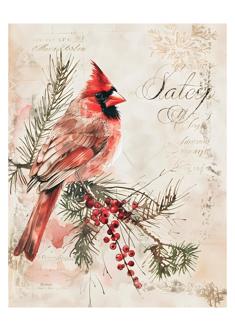 K&ouml;nnte beinhalten: Ein leuchtend roter Kardinalvogel, der auf einem Kiefernzweig mit roten Beeren sitzt. Der Hintergrund zeigt eine cremefarbene Pergamentstruktur mit blasser, eleganter Schreibschrift und dekorativen botanischen Linien in einem sanften Braun.