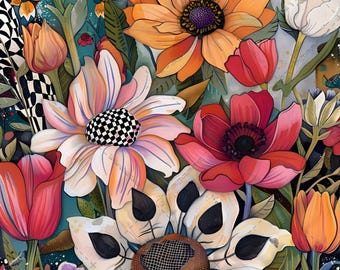 May include: A vibrant floral illustration featuring a dense arrangement of tulips, sunflowers, and daisies in shades of red, orange, pink, and white. The composition includes black and white checkered patterns integrated into the petals and stems.