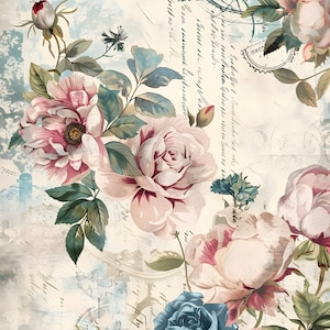 Shabby Blue Rose Rice Paper: Vintage Floral Collage for Decoupage