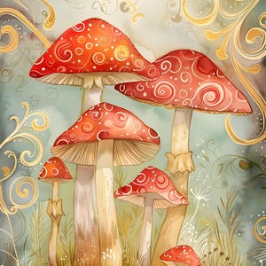 May include: An illustration of several red and white mushrooms with intricate patterns and designs. The mushrooms have a whimsical, fairytale-like appearance, set against a backdrop of soft greens and gold accents.