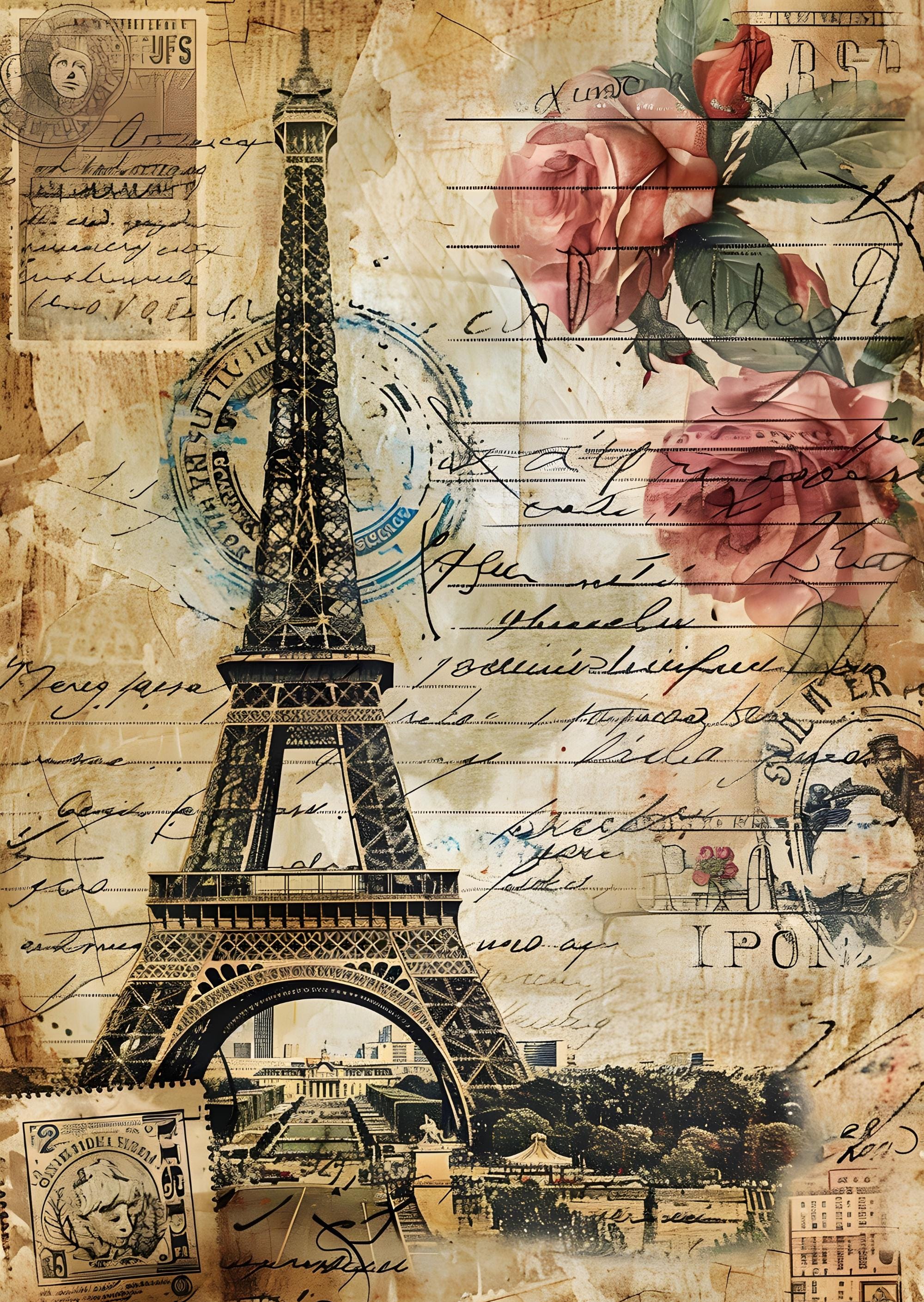 Eiffel Tower Rice Paper: Vintage Paris Collage, Botanical A4 Sheet - Etsy