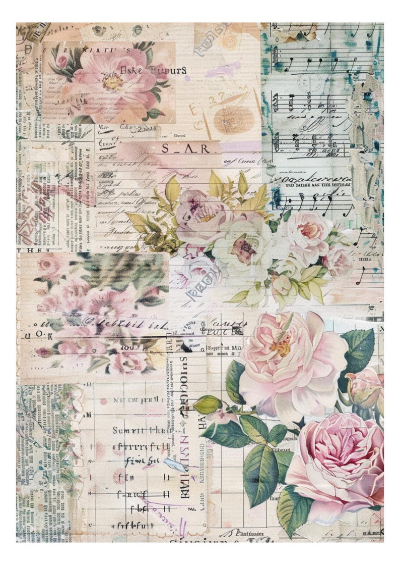 Floral Rice Paper for Decoupage: Rose Music Sheet Ephemera - A4 Sheet ...
