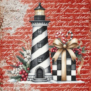 May include: Watercolor illustration of a lighthouse with black and white stripes, a gift box, and holiday decorations. The gift box has a black and white checkered pattern and is adorned with a gold bow and candy canes. The background is red with script.