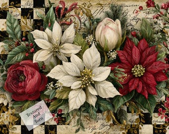 White & Red Poinsettias Rice Paper A4 Decoupage Sheet Vintage Script Christmas Checkerboard Decorative Paper