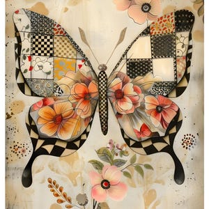 Puede incluir: Una obra de arte decorativa de una mariposa con un dise&ntilde;o de patchwork en sus alas, con patrones de cuadros blancos y negros, motivos florales y flores naranjas y rosas. La obra de arte tiene un fondo color crema con acentos florales.