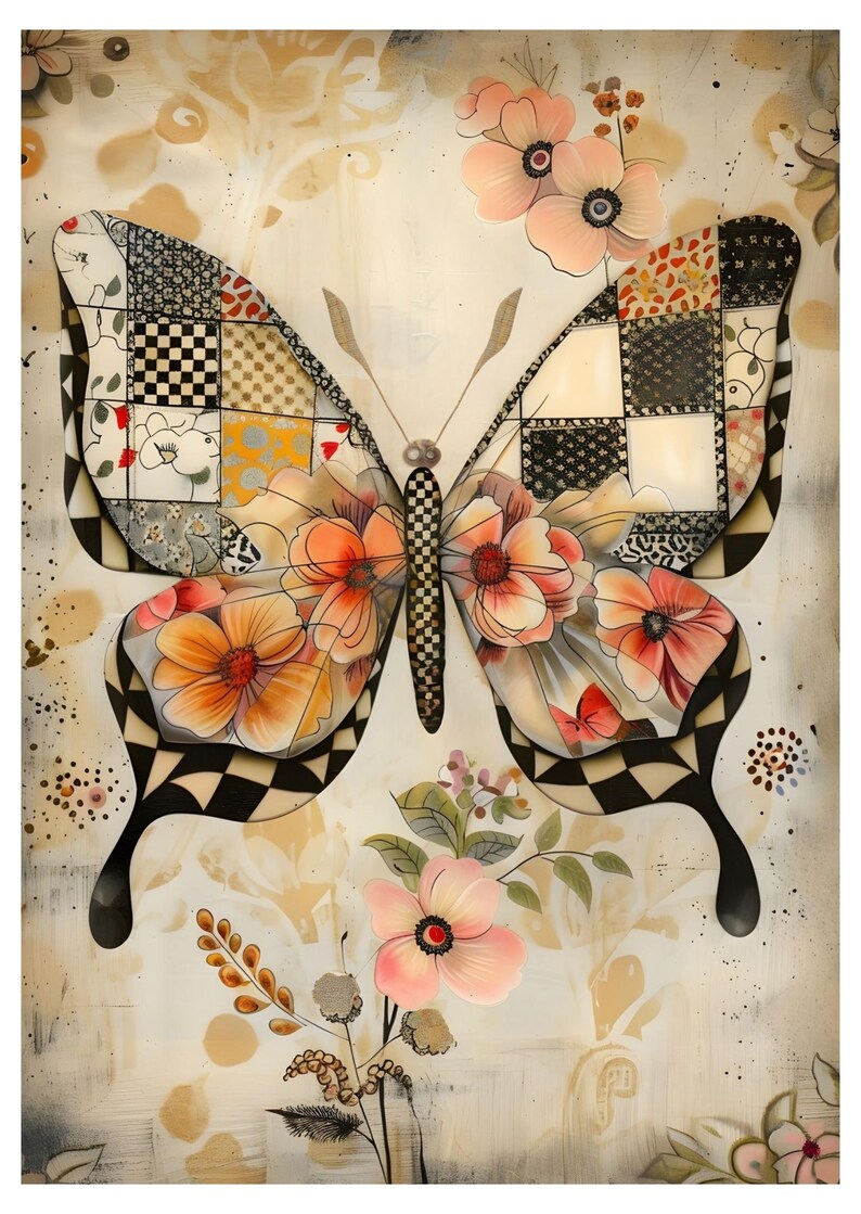Puede incluir: Una obra de arte decorativa de una mariposa con un dise&ntilde;o de patchwork en sus alas, con patrones de cuadros blancos y negros, motivos florales y flores naranjas y rosas. La obra de arte tiene un fondo color crema con acentos florales.