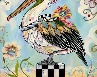 Whimsical Pelican Rice Paper for Decoupage Coastal Bird  Sheet A4