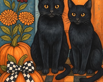 May include: An illustration of two black cats with yellow eyes sitting on a chequered floor in front of an orange door. Two orange pumpkins with green stems and a black and white chequered bow are displayed alongside red and orange flowers.